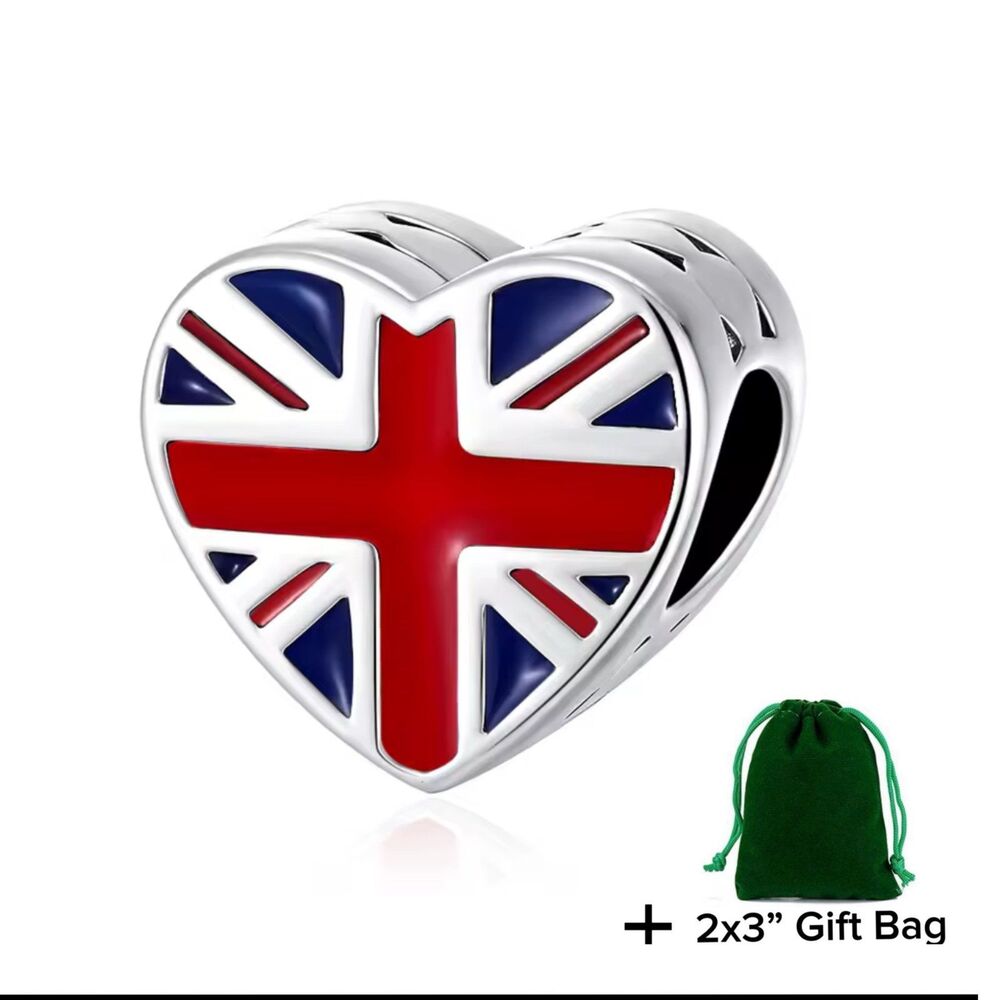 Great Britain Flag Heart Charm Bead | 925 Silver | Brand New